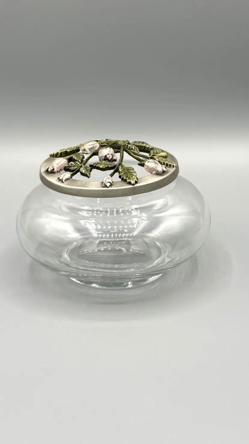 Vintage Anchor Hocking Glass Vanity Jar with Floral Rose Metal Lid/flower Frog