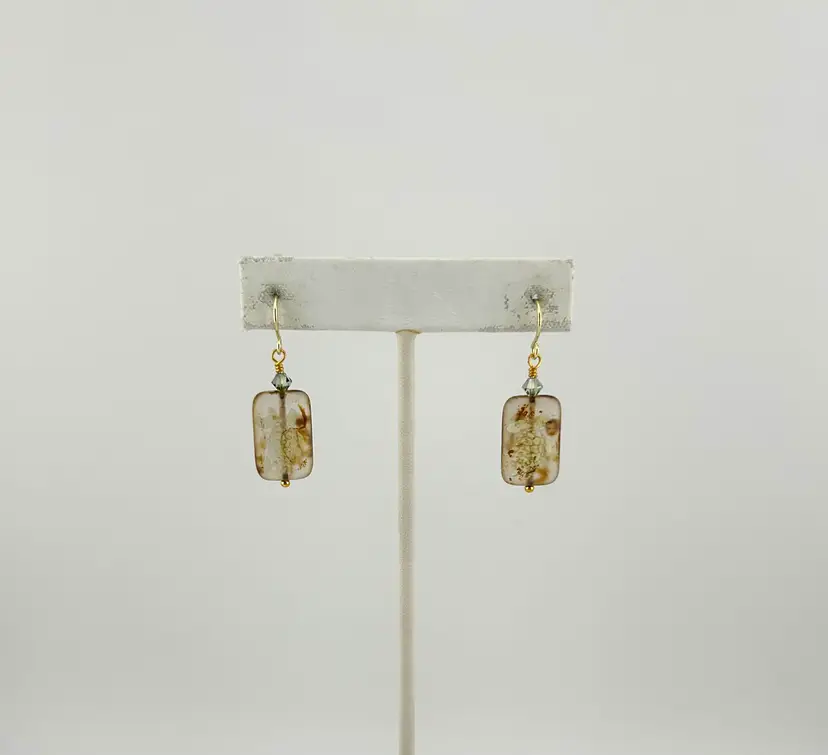 Gold Tone Laser Tattooed Czech Glass Turtle Pierced Earrings 1.75”