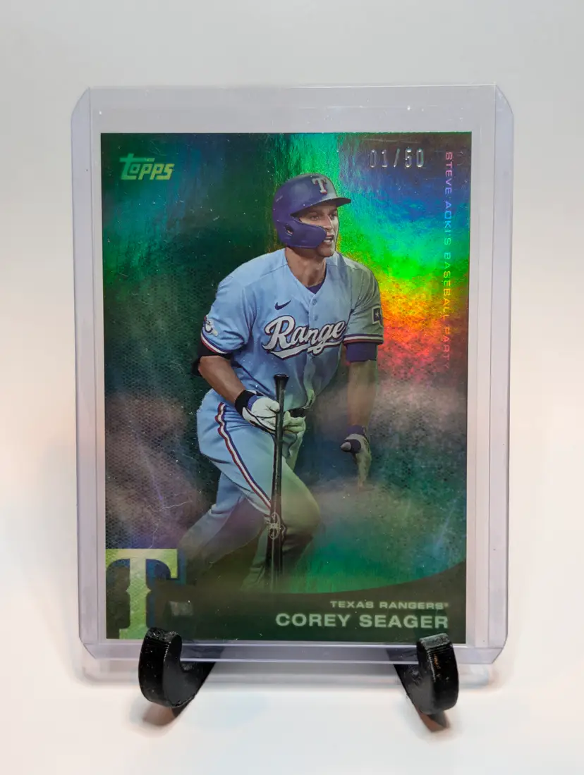 Corey Seager #/50 2022 Topps x Steve Aoki's Baseball Party Green Glitter - (A) - Texas Rangers