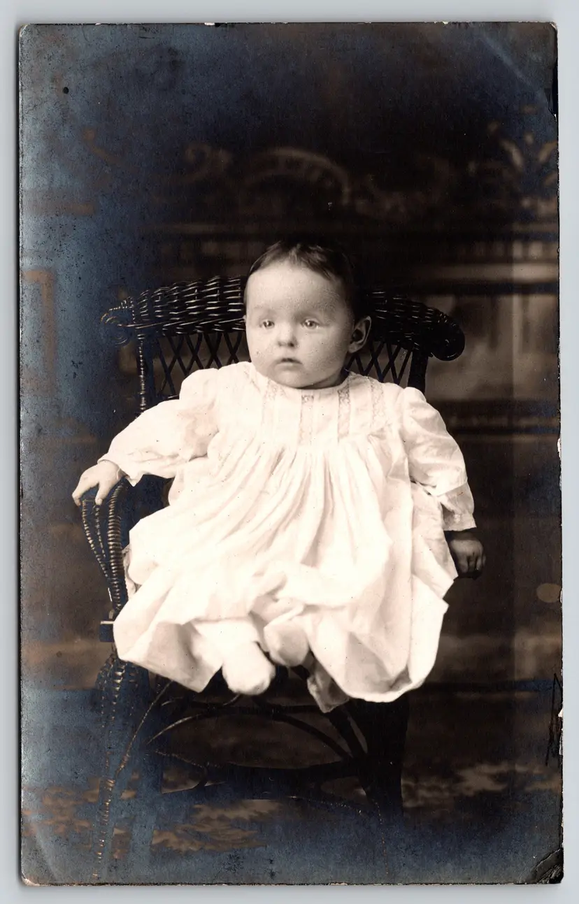 Postcard RPPC Child in White Gown Seated Outfit Real Photo Baby Girl -  9309