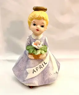 Vintage April Porcelain Bisque Birthday Girl Doll With Flowers Japan Figurine