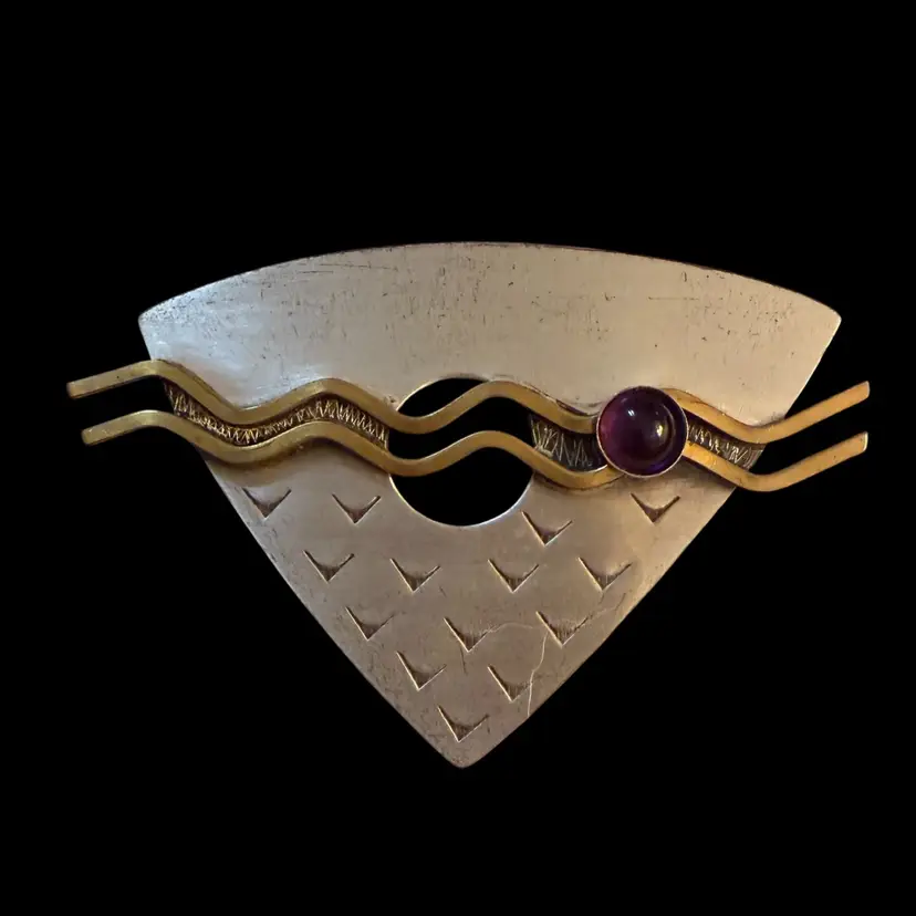 Modernist Deborah Close Amethyst 925 Sterling Silver Brass Brooch Pin 2.5”