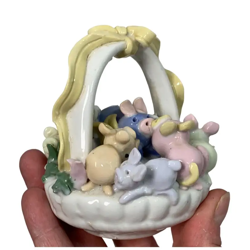 VTG Pigs in a basket. Porcelain ceramic pastel Kitschy figurine
