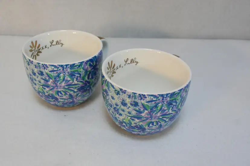Lilly Pulitzer Blue Green Lavender Cat Coffee Tea Mugs Cups