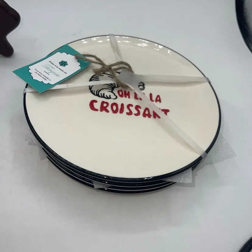 Ooh La La Croissants Plates Set of 4 Papart Studios Painted In Turkey 8”