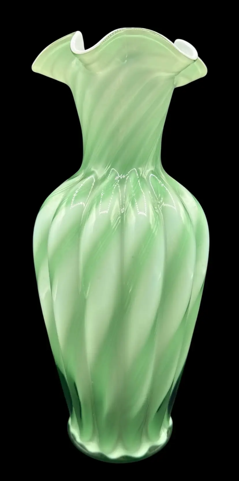 Vintage Fenton Heritage Art Glass Vase Green Overlay Cased Spiral Melon 11.5”
