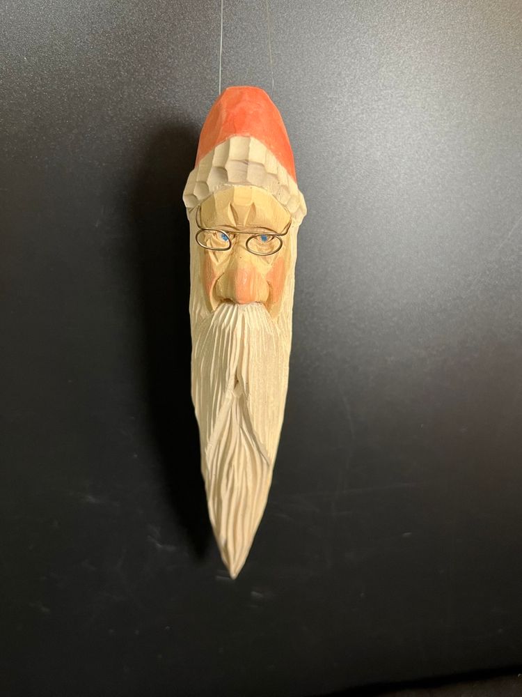 - Folk Art Wood Carved & Hand Painted Santa Claus Head, Complete w/ Wire Rimmed Glasses-Ornament-Lot 60  Folk Art Wood Carved & Hand Painted Santa Claus Head, Complete w/ Wire Rimmed Glasses-Ornament-Lot 60