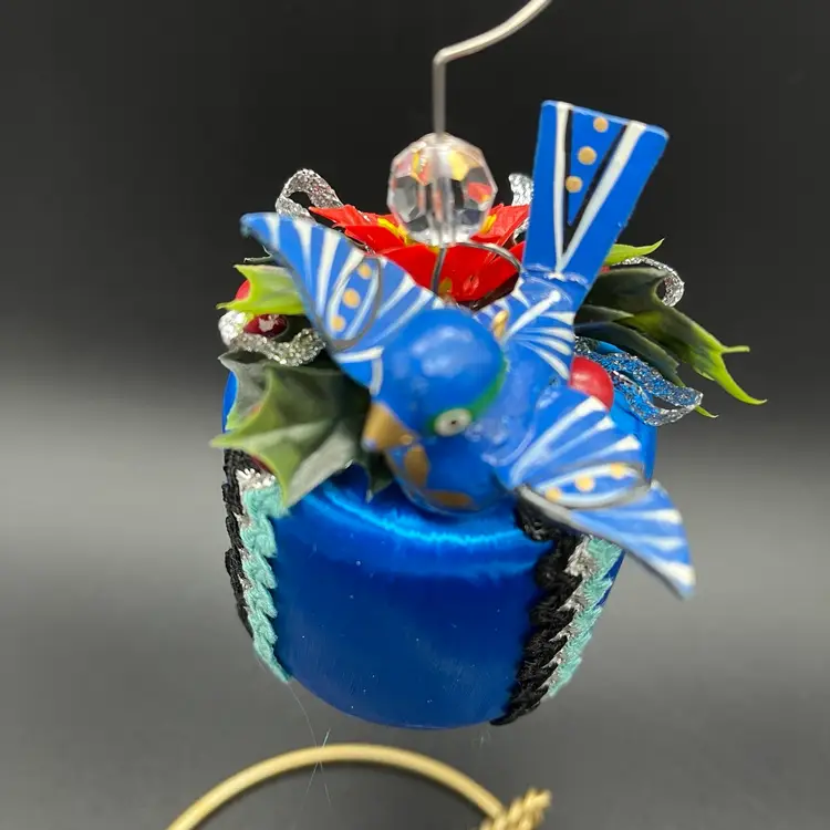 VTG Satin Blue Ornament - Upcycled Blue Wood Bird & 60s Plastic floral & Ric Rac Trim - Handmade By Me