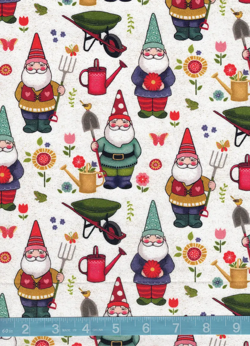 Garden Gnomes Cotton Quilt Fabric by the Yard – Spring Garden Gnome Quilting Fabric – Floral Sewing Fabric for Gardening & Cottagecore Crafts (100% Cotton)