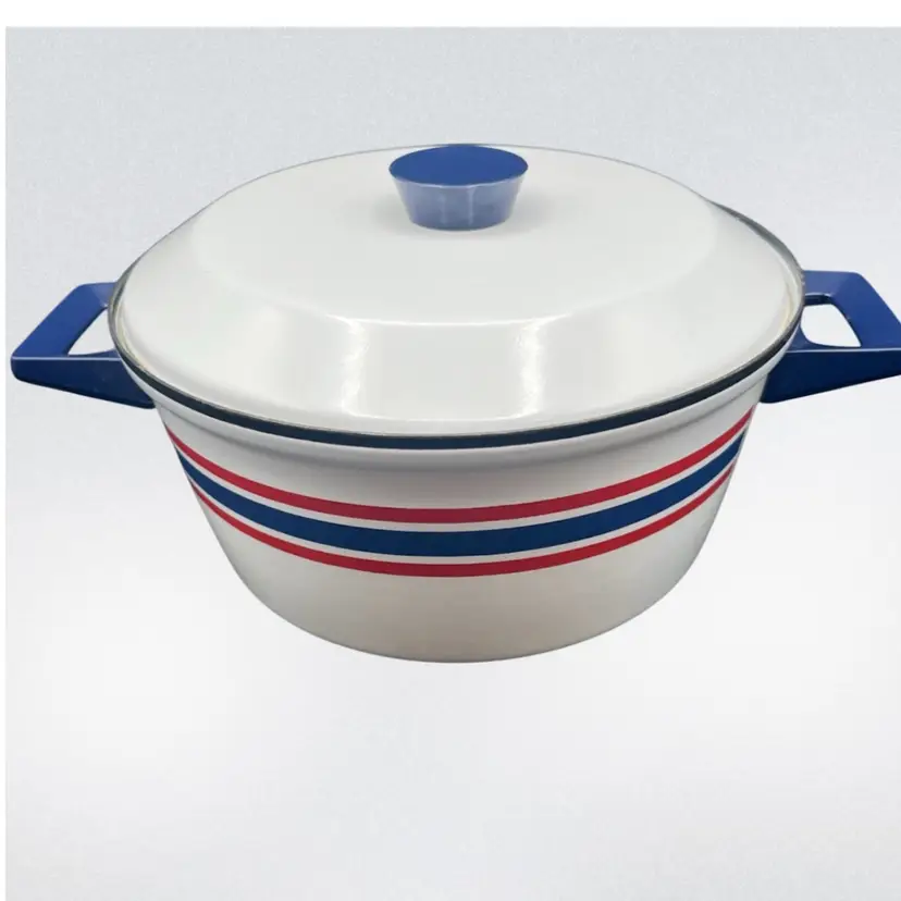 Vintage Club Celebration Cathrineholm Blue Red Stripe Enamel Dutch Oven Norway