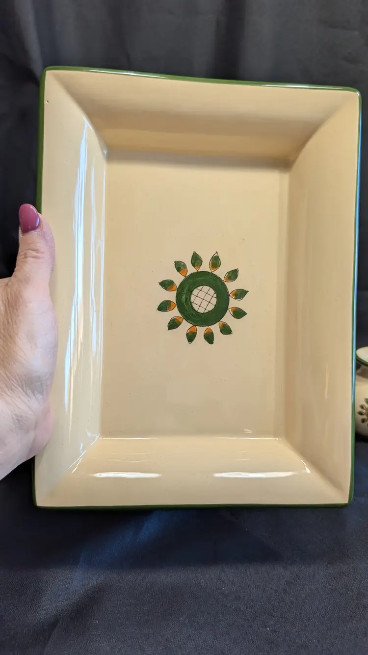 Cortona Italian Pottery Set Tuscan Mojolica Sunflower Tray, Candle holders, and Bud Vase