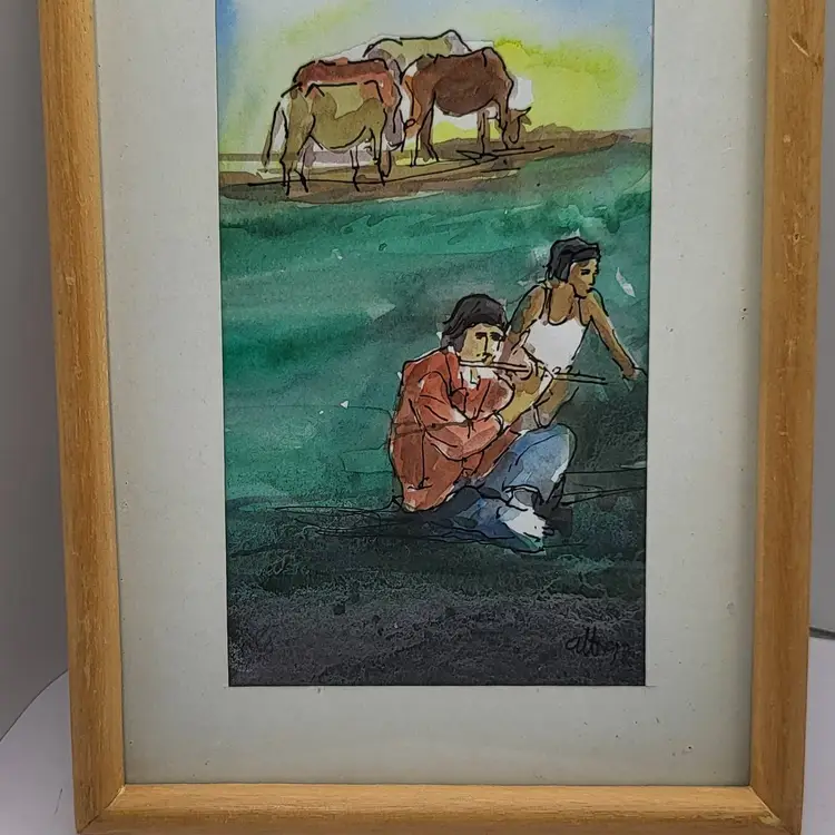 Framed Watercolor Art of Rural Life by Artist Altaf Husain 9 x 5.5"