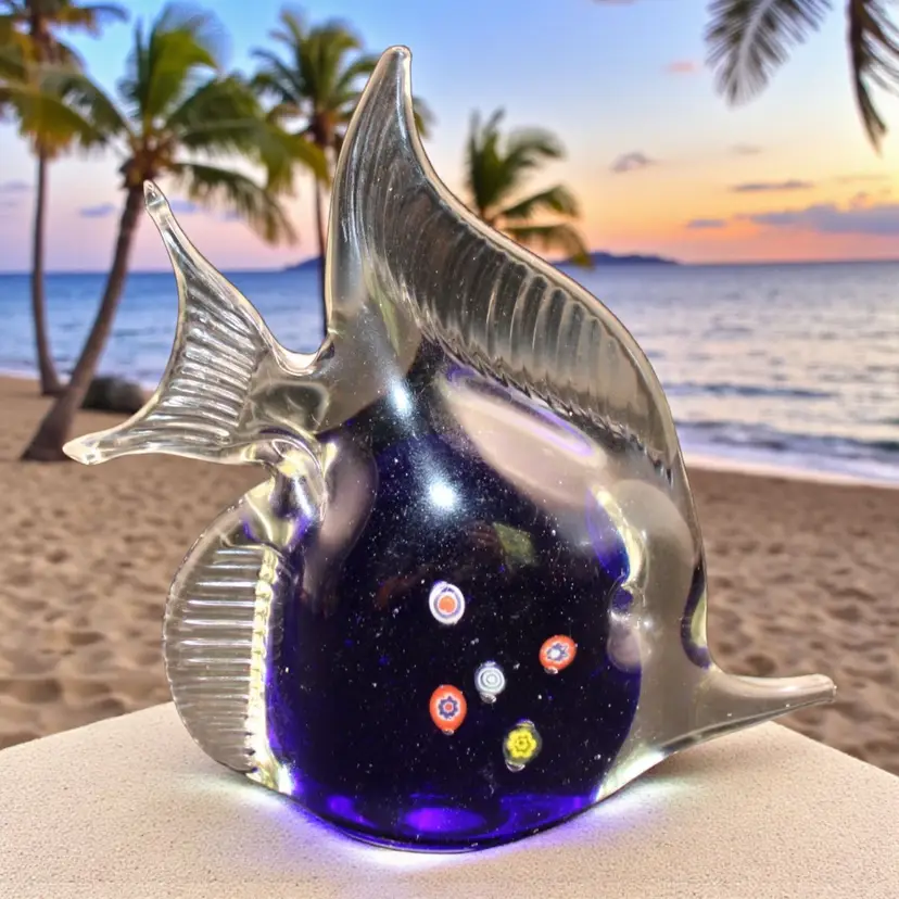 Blue Art Glass Millefiori Fish Figurine 5” Tall