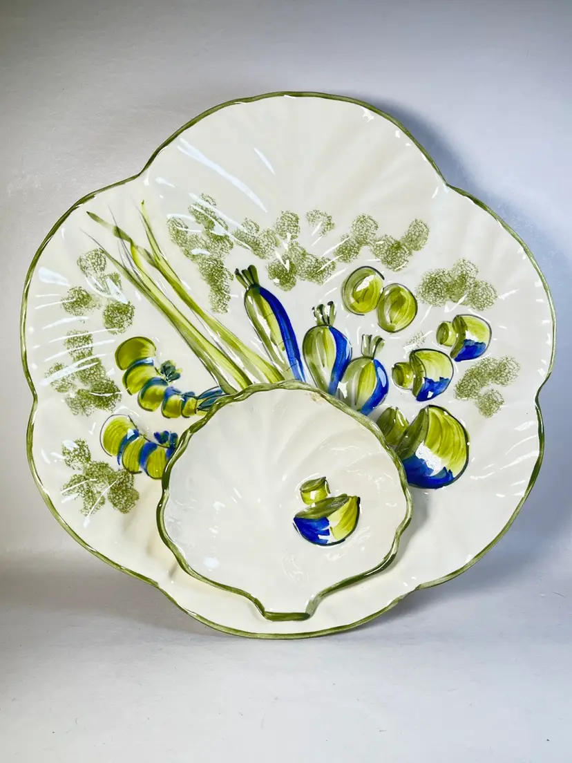 Vintage Los Angelas Pottery MCM Hand Painted Chip And Dip Serving Dish Veggies