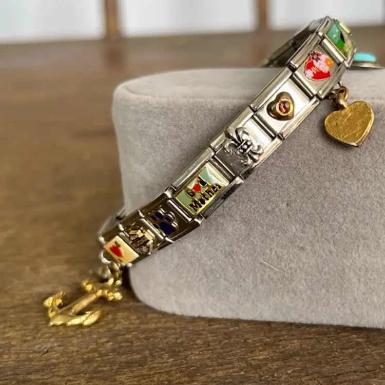 Vintage Italian Link Charms Zoppini Stretch Bracelet Silver Tone, With Dangle Charms