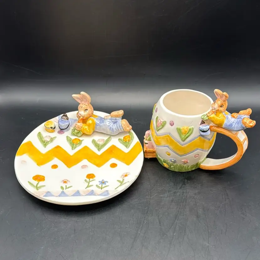 Vintage Fitz & Floyd Omnibus Eggspress Painting Easter Bunny Rabbit Plate & Mug Set