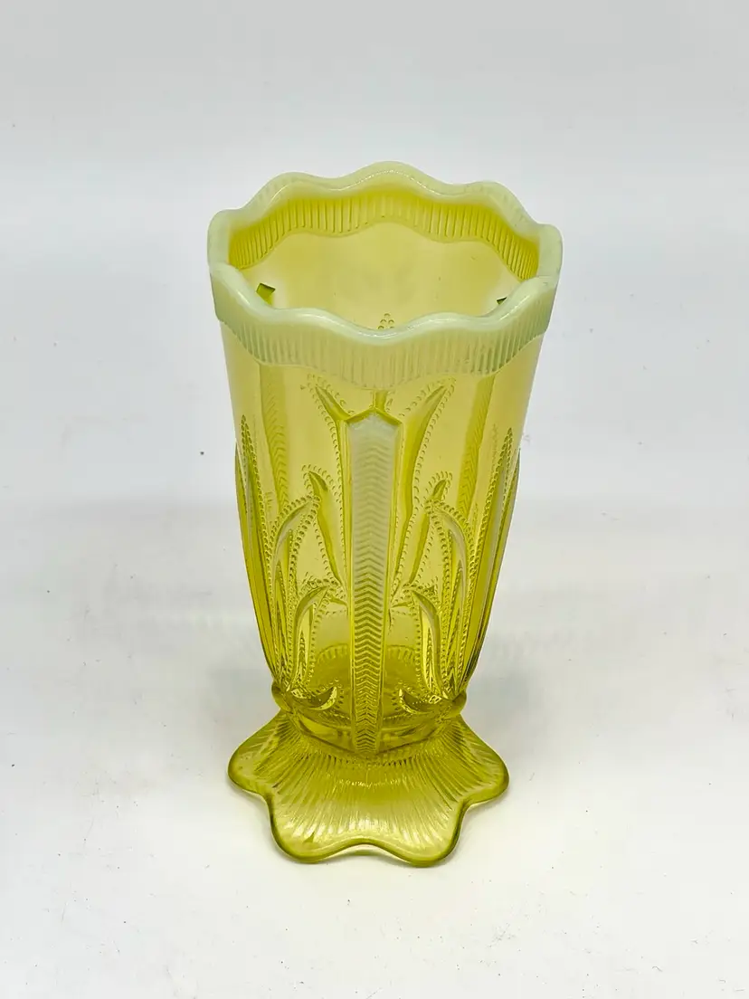 014.  Vintage Fenton Art Glass Vase Opalescent Topaz Vaseline Cactus Pattern 
7”h 3”w Spectacular Glow!