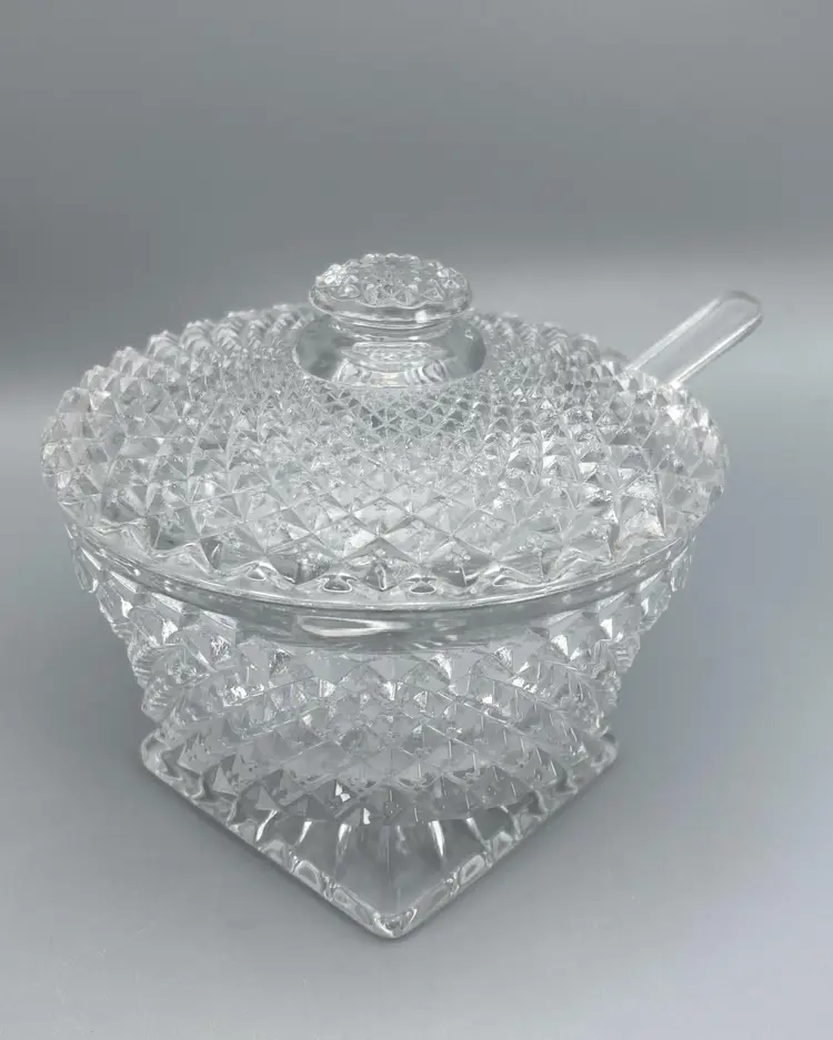 Vintage Clear Glass Jam / Condiment Lidded Jar / Dish with Glass Spoon