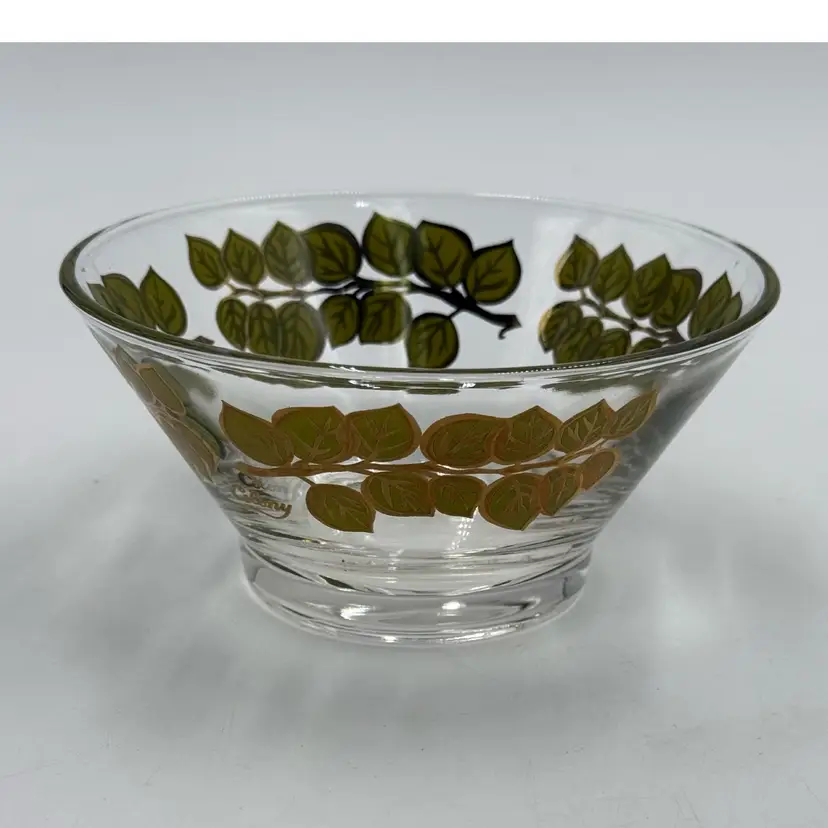 Vintage Colony MCM Gold & Green Leaf Clear Glass Dip Bowl