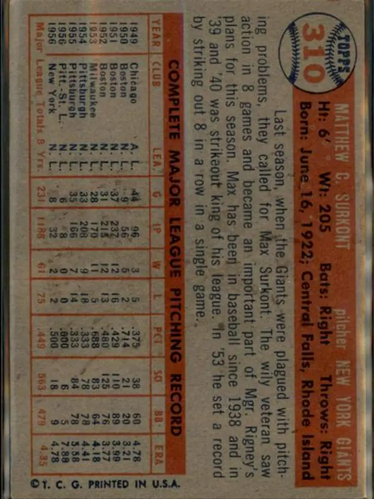 1957 Topps #310 Max Surkont - ( pk1 ) - New York Giants