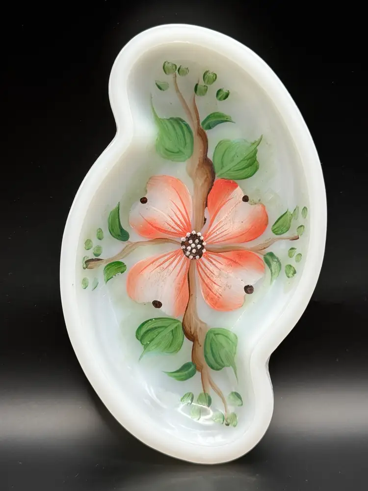 Vintage Translucent White Milk Glass Daisy And Button Handpainted Floral Vanity Trinket Dish 7.5”