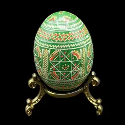 #271B Vintage Pysanky/Pysanka Egg And Stand
Beautiful Green And Orange Ukrainian Easter Egg With Goldstone Three Footed Metal Stand