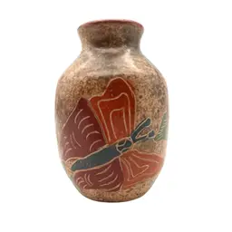 06 - Mexico Clay Pottery Vase Sgraffiato Etched Painted Butterflies And Flowers 3”