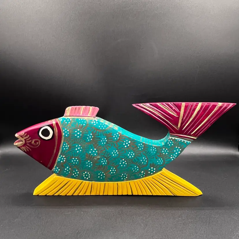 #15 Handmade Wooden Mexican Folk Art Large Multicolor Decorative Tropical Fish Figurine 13”