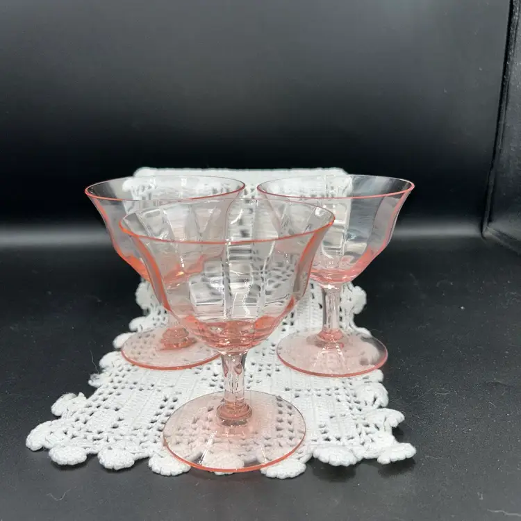 Vintage (3) Pink Optical Paneled Depression Low Sherbet/Champagne Glasses Stemware-Tiffin(?)
