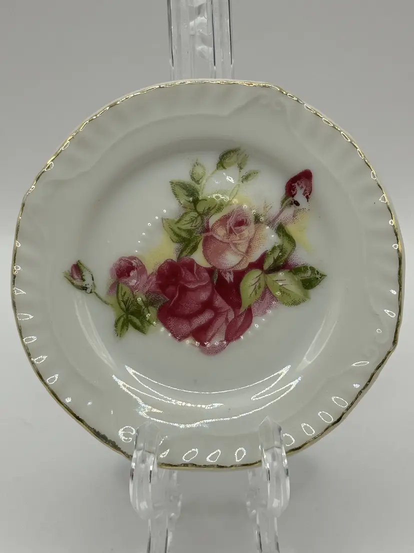 Vintage Porcelain Rose Trinket Dish, Floral Design, Gold Trim, Unbranded, Made in Japan