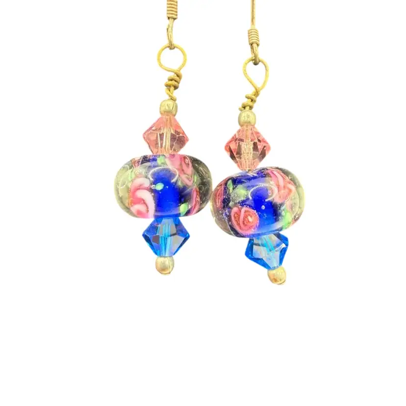 Sterling Silver Artisan Dichroic Glass Drop Pierced Earring - Pink Blue Flowers