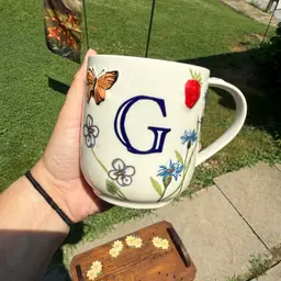 Anthropologie G Initial Butterfly Strawberry Coffee Tea Mug