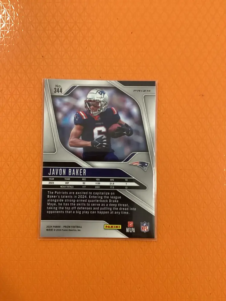 2024 Panini Prizm Javon Baker Rookie Red White & Blue Prizm RC #344 Patriots