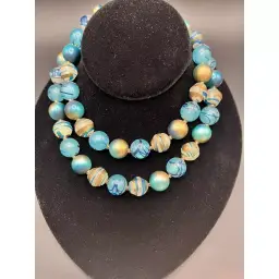 #01 WOW Vintage Czech UV Glow Uranium Blue & Gold Glass Beaded Necklace Hand Painted