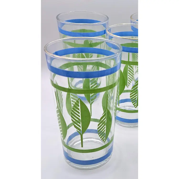 #01 - 1960's Green Leaf, Blue Stripe and Gold Rim Set of Five Glasses, approximately 5" tall