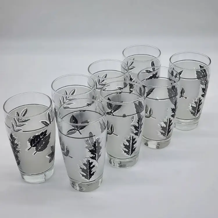 Vintage Libbey Glass Company Frosted Silver Leaf Juice Glasses (8)