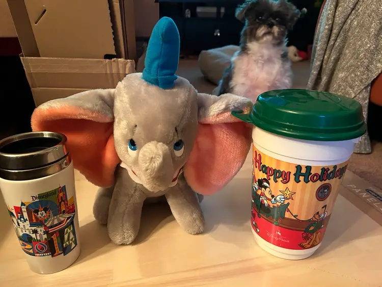 Disney Merchandise
traveling mug, popcorn bucket, Vintage Dumbo plush