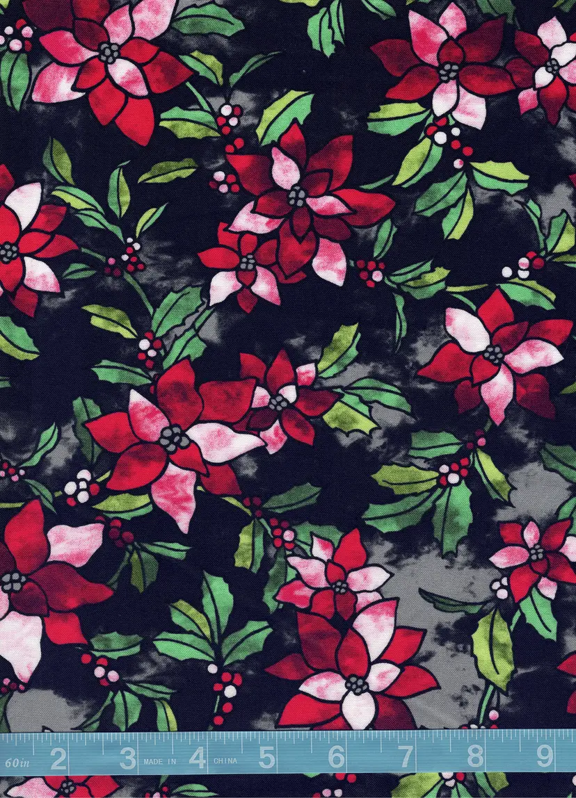 Stained Glass Medium Poinsettia Christmas Cotton Quilt Fabric by the Yard – Holiday Floral Quilting Fabric on Black – Festive Sewing Fabric (100% Cotton)