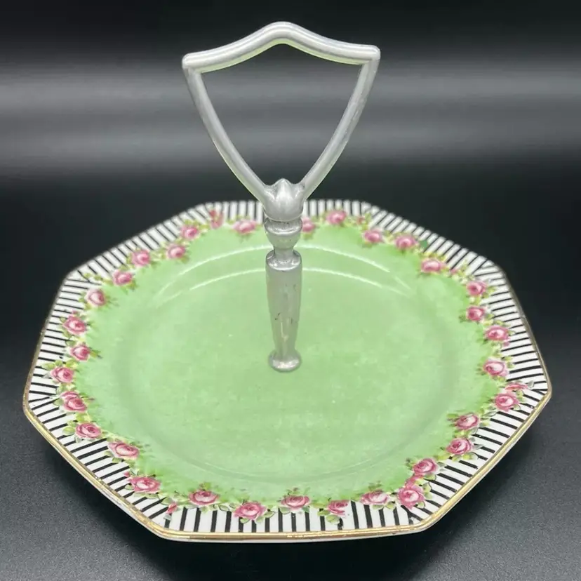 Winton Grimwades Lemon Server Candy Dessert Tidbit Plate Tray Roses Stripes Mint Green