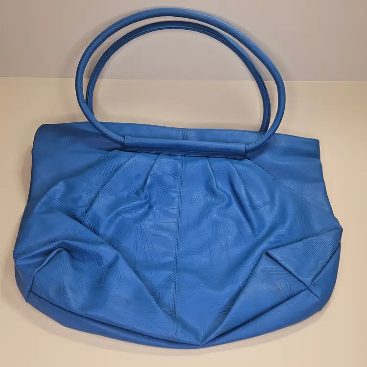 Vintage 80's Bag Bazaar Shoulder Bag Blue Faux Leather Pleated Tote Handbag Used
