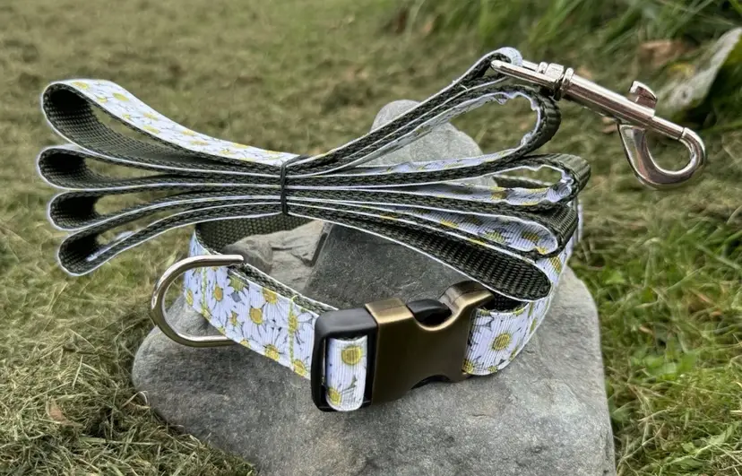 Large Handmade Heavy Duty Dog Collar & Leash Daisy Yellow Floral Print NEW