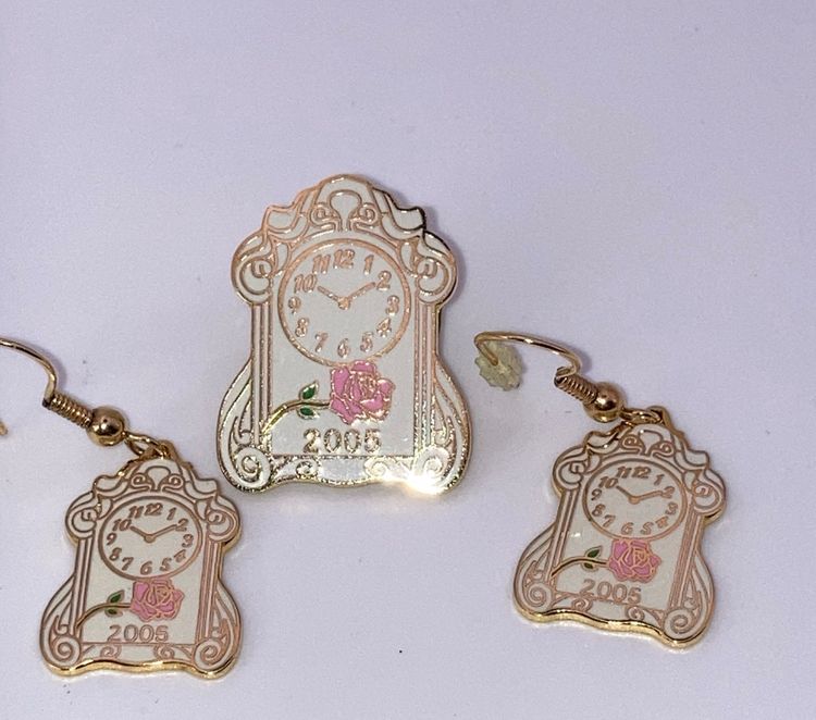 Pink Roses On Clocks Pierced Fishhook  Earrings And Pin! 1 1/4” Drop! Earrings 3/4” X 1/2” Wide. Pin 1” X 3/4” Wide!