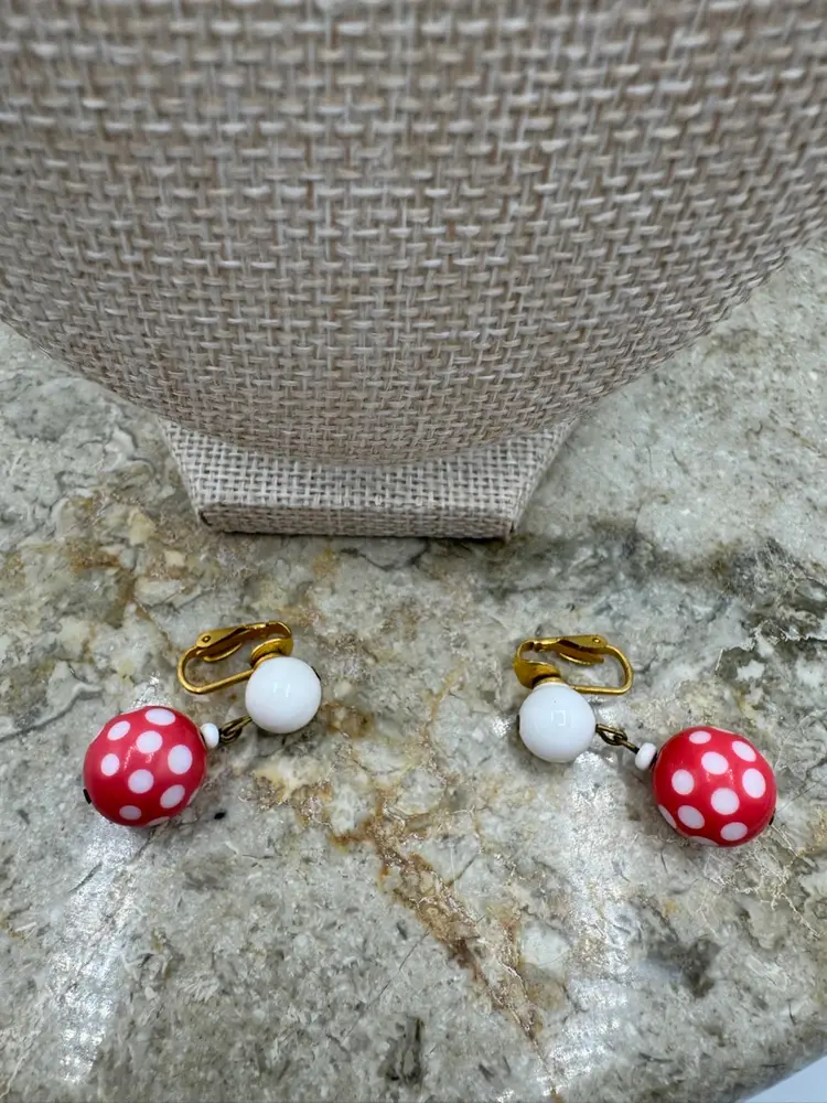 Vintage Pink & White Polka Dot Necklace & Clip On Earring Set Signed West Germany