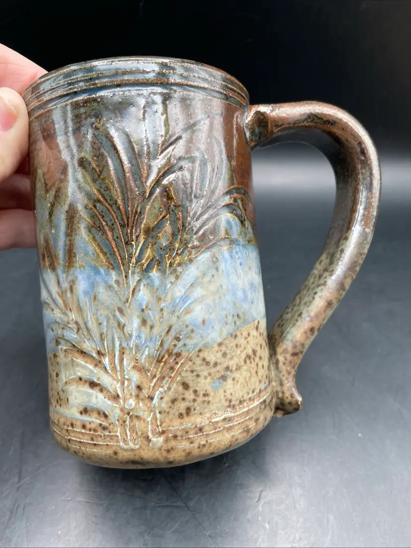 Stoneware Mug With Speckled Glaze And Wheat Etchings Signed & Stamped SJ?