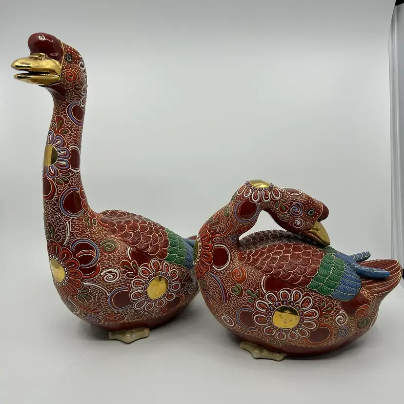 Kutani Porcelain Pair of Geese Figurines Andrea by Sadek Japan