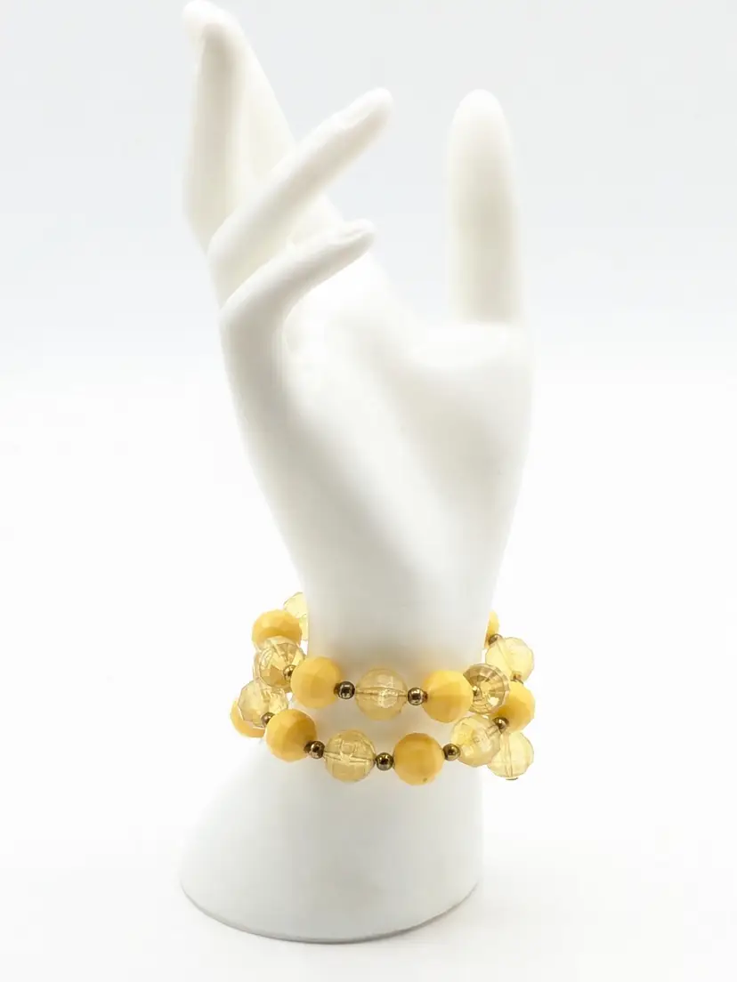 Vintage Yellow Beaded Wrap Bracelet Gold Tone Summer Jewelry