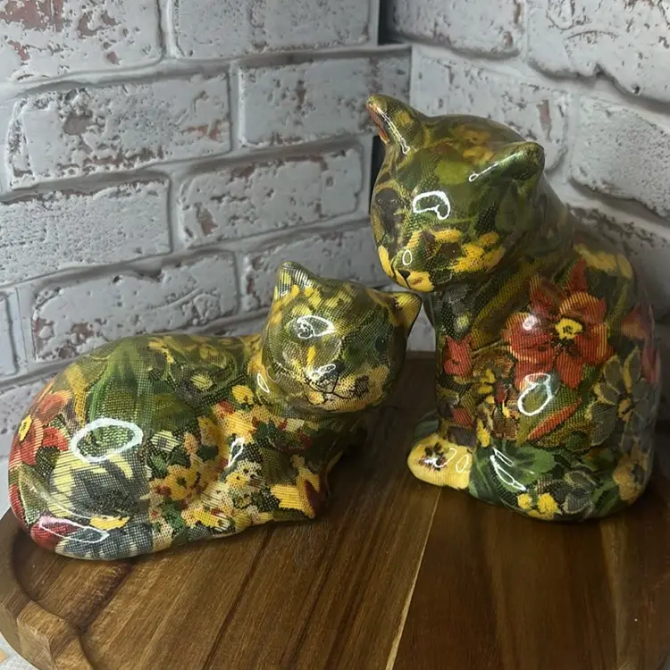 Set Of 2 Vintage Decoupage Cat Figurines Kitty Kitten Flower Art