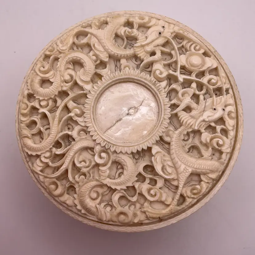 POW3 VTG Celluloid? Dragon Round Trinket Carved 3.75”D Possibly Signed
