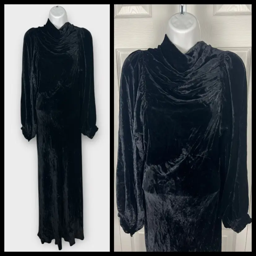 1930s Openhym's Debuvel Black Velvet Art Deco Gown Cowl Neck Balloon Sleeve Sz 6