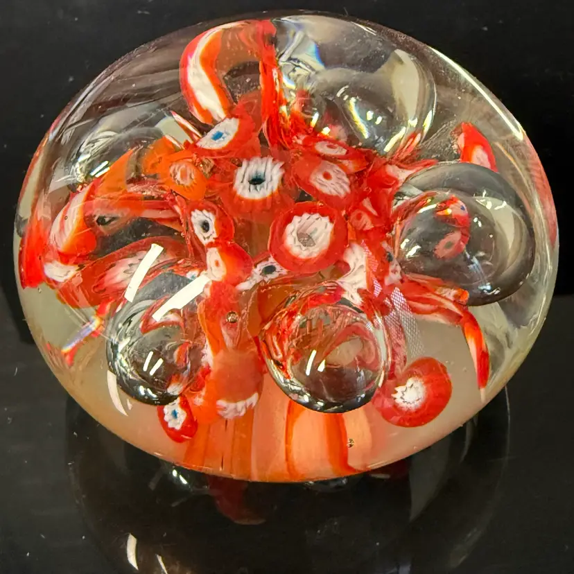Controlled Bubbles Murrine Red Swirl Glass Squat Paperweight 3”
